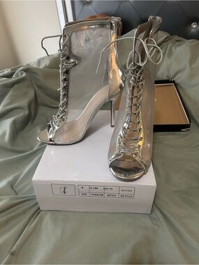 Wild Diva Silver Lace-Up Peep Toe Stiletto Booties
